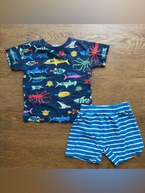 Kids Hanna Andersson Sea Creatures Print T-Shirt & Striped Short Set, Size: 3T